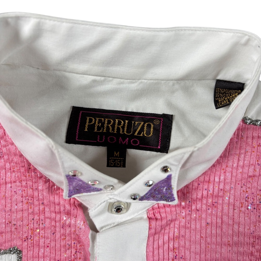 VTG Western Shirt M White Pink Pintuck Tuxedo Button Up Perruzo Uomo Rodeo 90s - Picture 7 of 11